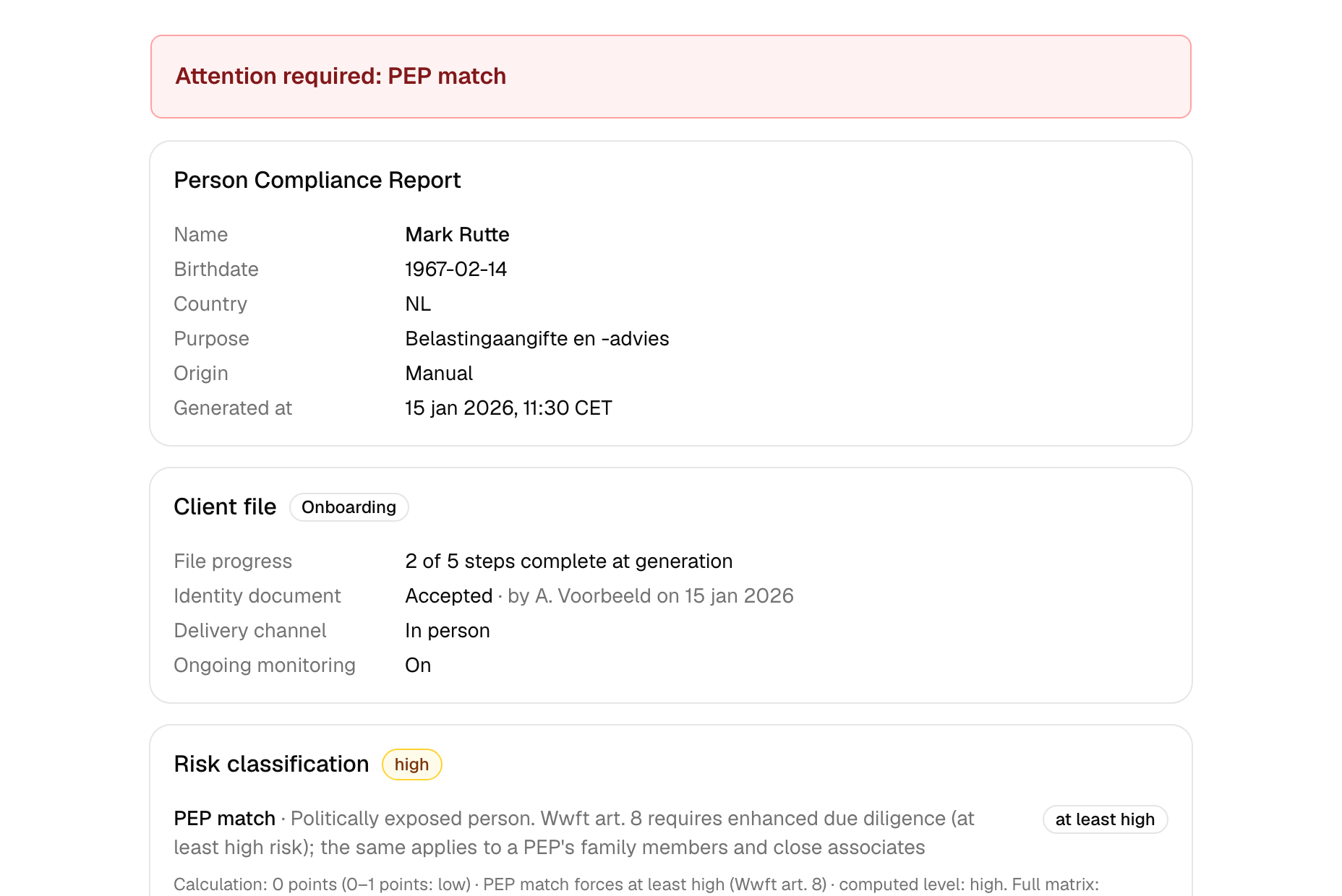 Cloudpliant-compliancerapport van een persoonscheck met sanctie- en PEP-resultaten